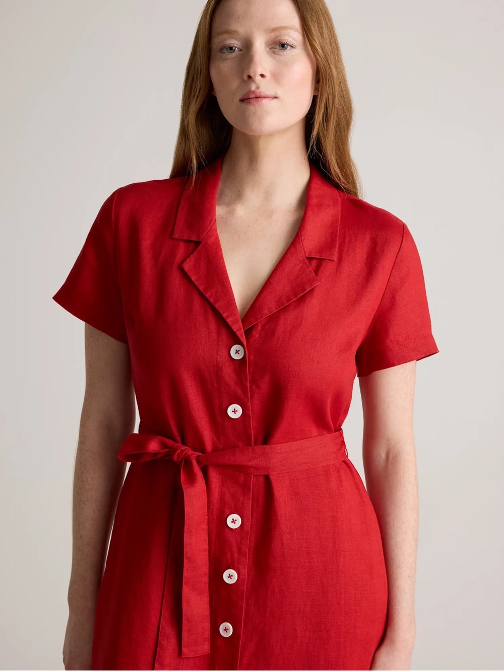 Quince 100% European Linen Red Short-Sleeve Button-Front Tie-Waist Dress
